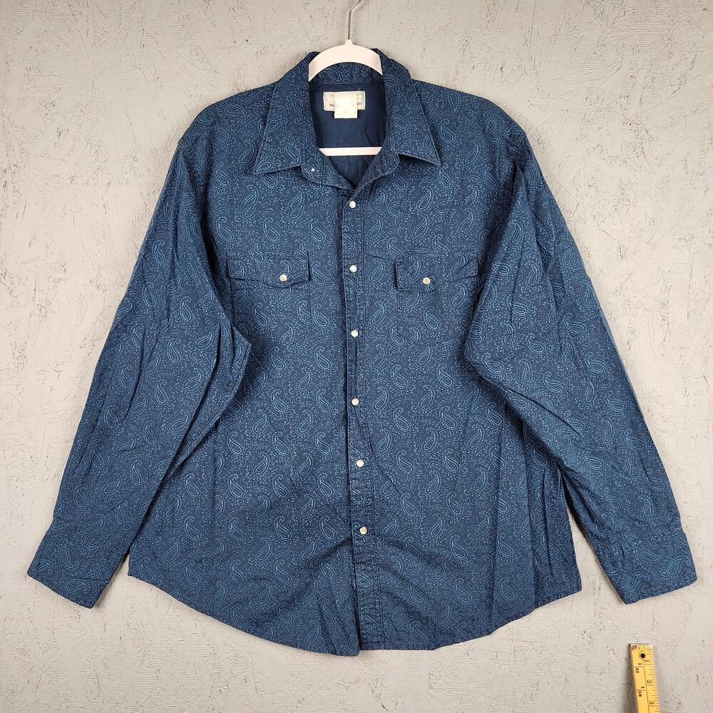 Wrangler Wrancher Shirt Mens XL Blue Paisley Western Pearl Snap Pockets Cowboy